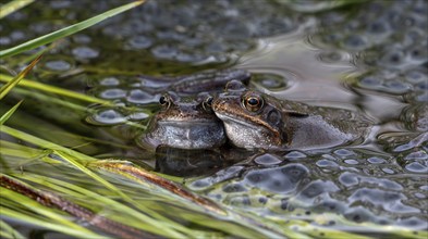 Two European common brown frogs (Rana temporaria) on frogspawn in pond during the spawning season