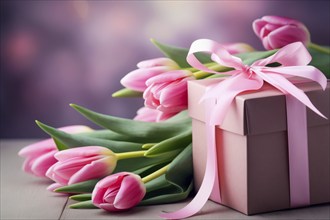 Gift Box with Pink Ribbon Beside bouquet of Fresh Tulips on Bokeh Background. Good for Valentine