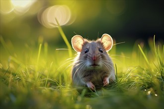 Cute mouse with large ears, exploring the vibrant green grass on a sunny day, AI generated