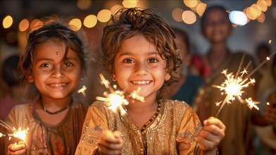 Cute Indian children celebrating with fun sparklers. generative AI, AI generated