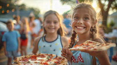 Cute girls celebrating with friends and family outdoors with pizza. generatvie AI, AI generated