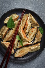 Japanese fried dumplings, gyoza, sesame seeds, top view, no people