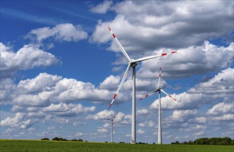 Wind farm, wind turbine, wind turbines from the manufacturer Enercon, blue sky with many white