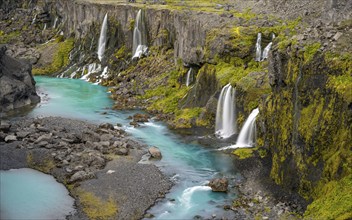 Waterfalls and a turquoise blue river flowing through a canyon, Sigöldugljúfur, long exposure,