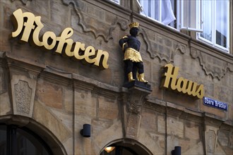 Lettering Mohren, Mohren house, figure, statue, shop for luxury goods, fruit market, Bamberg, Upper