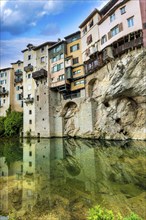 Pont en Royans. Houses hanging above river La Bourne. Isère. Auvergne-Rhone-Alpes. Vercors regional