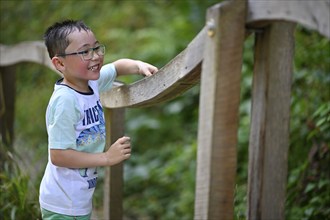 Child, boy aged 5, multi-ethnic, playing with marbles on XXL marble run, NATURATUM adventure forest