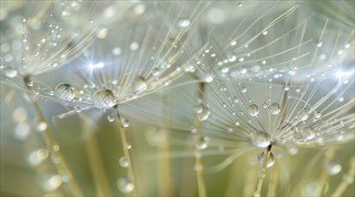 Dandelion closeup flowers with dew water droplets. Concept of freshness and calm, AI generated