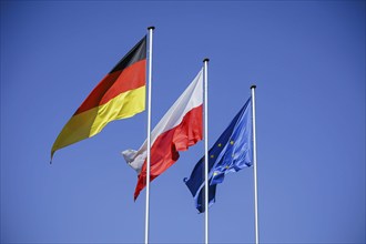 The flags of Poland, Germany and the European Union wave in the wind against a blue sky. S˜Çubice,