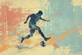 A soccer player dribbles and kicks a soccer ball. Abstract vintage grungy poster style with muted