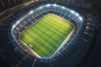 Aerial bird eye top view of a soccer football field stadium in night, AI generated