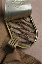 Sprats in oil, canned smoked fish, open, close-up, top view, no people