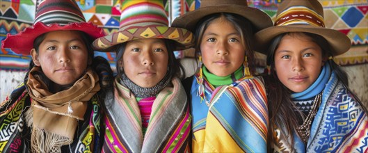 Smiling native indigenous people of Bolivia and South America, dressed in colorful native clothes,