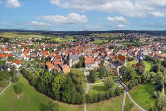 Aerial view, town centre, in front Bürgerpark, above from left Catholic town church, town house of