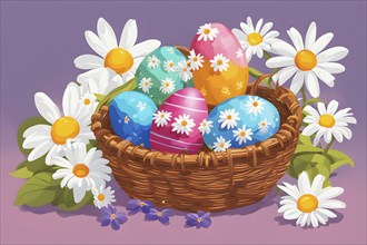 Illustration of of vibrant colored Easter eggs in a wicker basket, surrounded by delicate spring