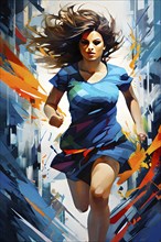 Abstract illustration in geometric shapes of a woman in hurry, AI generated