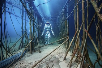 Futuristic humanoid robot inspecting a shipwreck underwater, AI generated