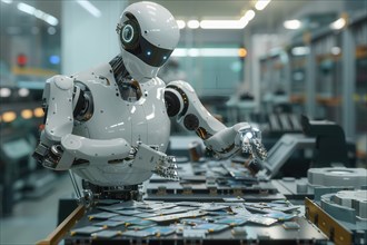 Futuristic humanoid cyborg assembling electronic components in a production line, AI generated