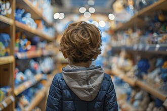 Back view of male boy child in toy shop full of stereotypical blue toys. Generative Ai, AI