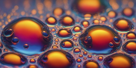 A cluster of iridescent vibrant oil bubbles floating on a water surface, AI generated