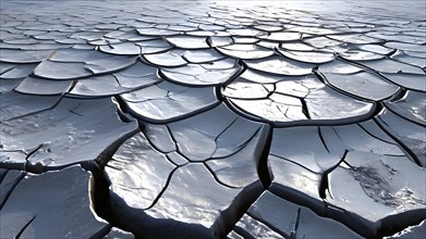 Aerial perspective of a salt and clay pan revealing the intricate patterns of its broken surface,