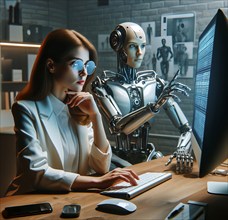 A robot in human form, a humanoid robot, works together with a woman on the monitor of a computer,