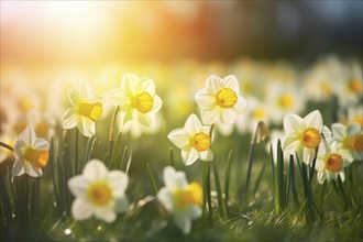 White and yellow Daffodil flowers in grass with sunshine. KI generiert, generiert AI generated