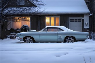 Classic 1960s muscle car, half-buried in snow in a forgotten backyard creating a sense of nostalgia