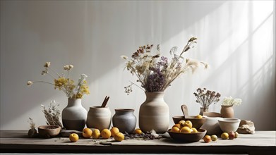 Still life scene of a simple wooden table with a vase of dried flowers, a few ceramic bowls, and