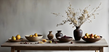 Still life scene of a simple wooden table with a vase of dried flowers, a few ceramic bowls, and