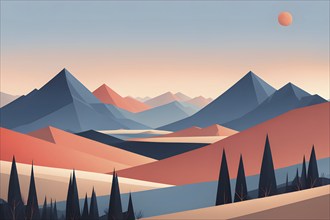 Minimalist landscape with stylized mountains and a setting sun, represented by simple geometric