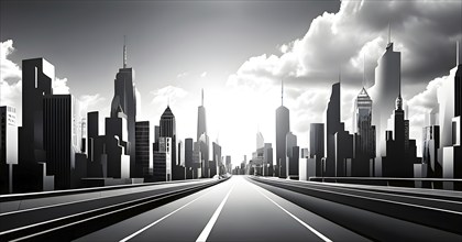 Modern city skyline using clean lines and geometric forms, with rectangular buildings and smooth,