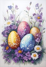 Abstract illustration of of vibrant-colored Easter eggs, surrounded by delicate spring flowers, AI