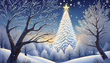 Illustration of a Christmas tree in a snowy winter landscape at night, AI-generated image, AI