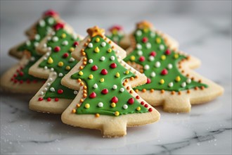 Cute christmas tree cookies with colorful icing. Generative Ai, AI generated