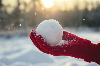 Hand in red knitted glove holding snowball with winter landscape in background. Generative Ai, AI