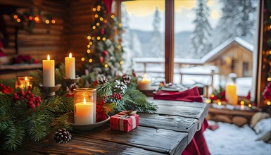 Rustic wooden table in a cabin, covered with Christmas holiday decor, AI generated