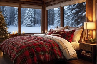 Cozy winter bedroom with flannel sheets, holiday throw pillows, with a warm glow filling the room,