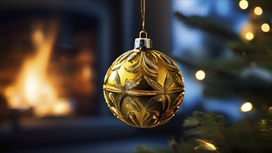 Christmas ornament hanging on a tree, with reflections of twinkling lights and fireplace flames