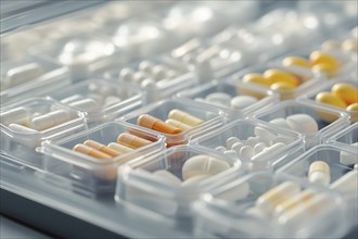 Boxes with many different medical pills in hospital. Generative Ai, AI generated