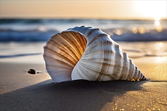 Isolated seashell resting on a smooth, empty beach, with soft waves gently approaching the