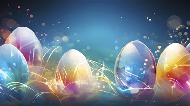 Easter-inspired abstract artwork with layered, translucent egg shapes overlapping with bursts of