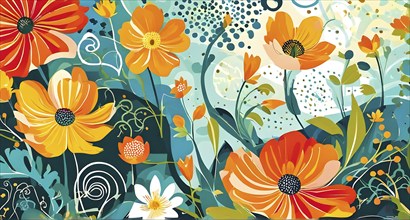 Playful abstract illustration of a spring garden with exaggerated, colorful floral forms, and