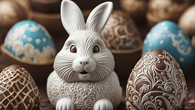 Easter bunny figurine made of chocolate, with a soft focus on intricate patterns and glossy