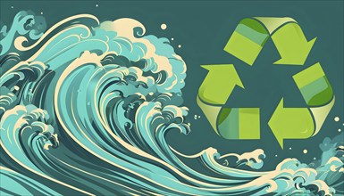 Illustration of swirling ocean waves and recycling symbols to represent clean oceans and