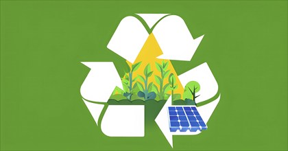 Recycling symbol morphing into growing plants and solar cells to symbolize the transformation of