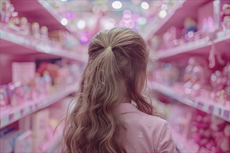 Back view of female girl child in toy shop full of stereotypical pink toys. KI generiert,