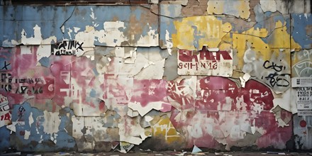 Grunge ripped torn placard posters background in white, pink, blue and yellow colors, AI generated