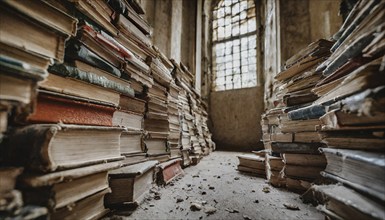 Lots of old books in a dilapidated monastery, antiquarian bookshop, AI-generated, AI-generated, AI