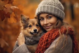 Woman with knitted hat and scarf hugging her pet dog in autumn forest. KI generiert, generiert AI